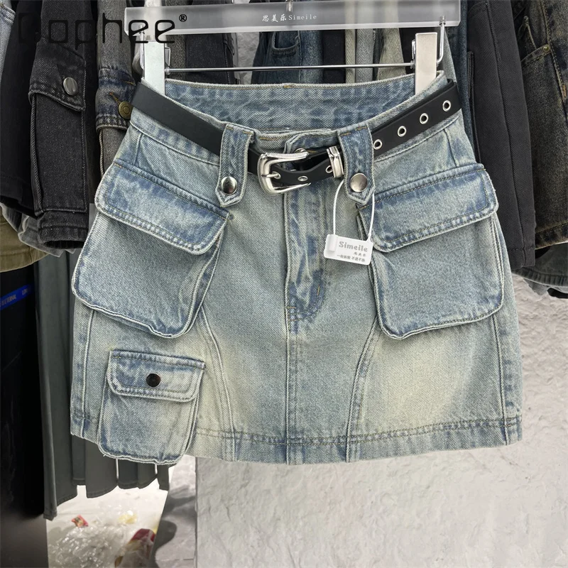 Washed Blue Jeans Cargo Skirt Women 2024 Summer Fashion Flap Pocket A Line Denim Mini Skirt Wrapped Hip Skirt Streetwear