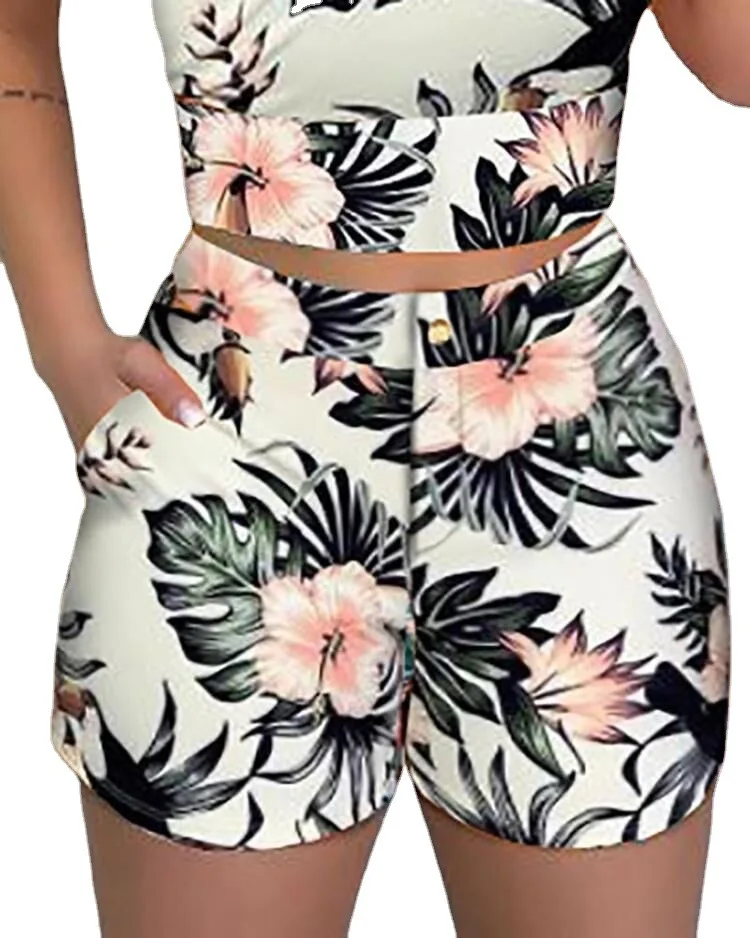 Print Spaghetti Strap Crop Top & Short Sets Casual Summer 2 Piece Outfits for Women Fashion Office Lady Print Outfits Party Wear