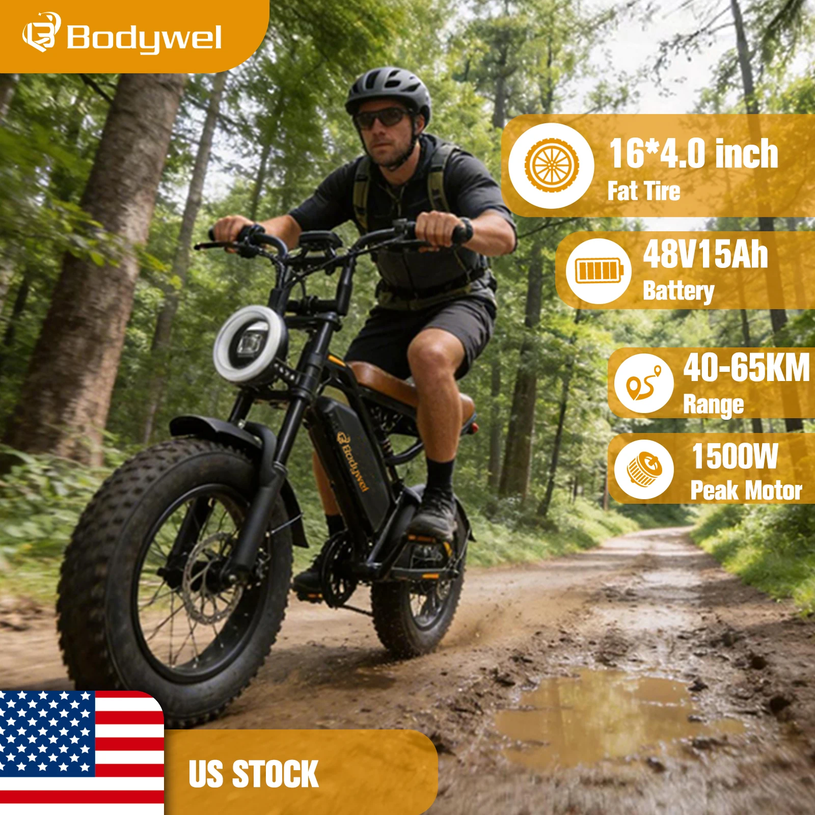

Bodywel M16 Electric Bike 1500W Motor 48V 15.6Ah 65KM Range 16x4 Fat Tire Ebike for Adults Off Road Mountain Bicycle UL2849