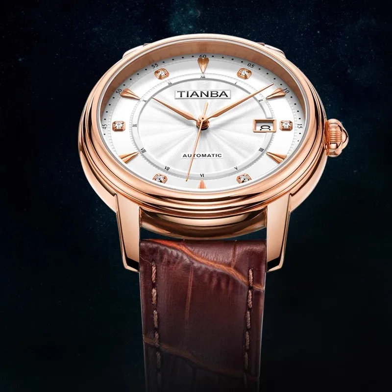 TIANBA Reloj mecánico automático con cinturón para hombre Reloj de pulsera resistente al agua genuino Reloj para hombre TM8007