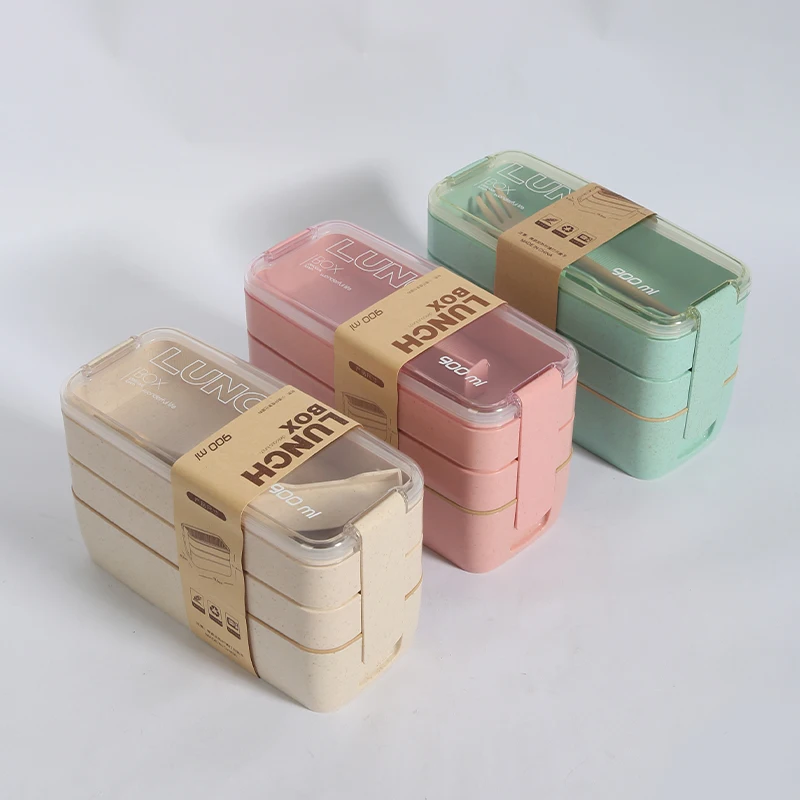 Fiambrera de plástico de fibra de paja de trigo con cubiertos, caja sellada para conservación de alimentos, 1 ud.