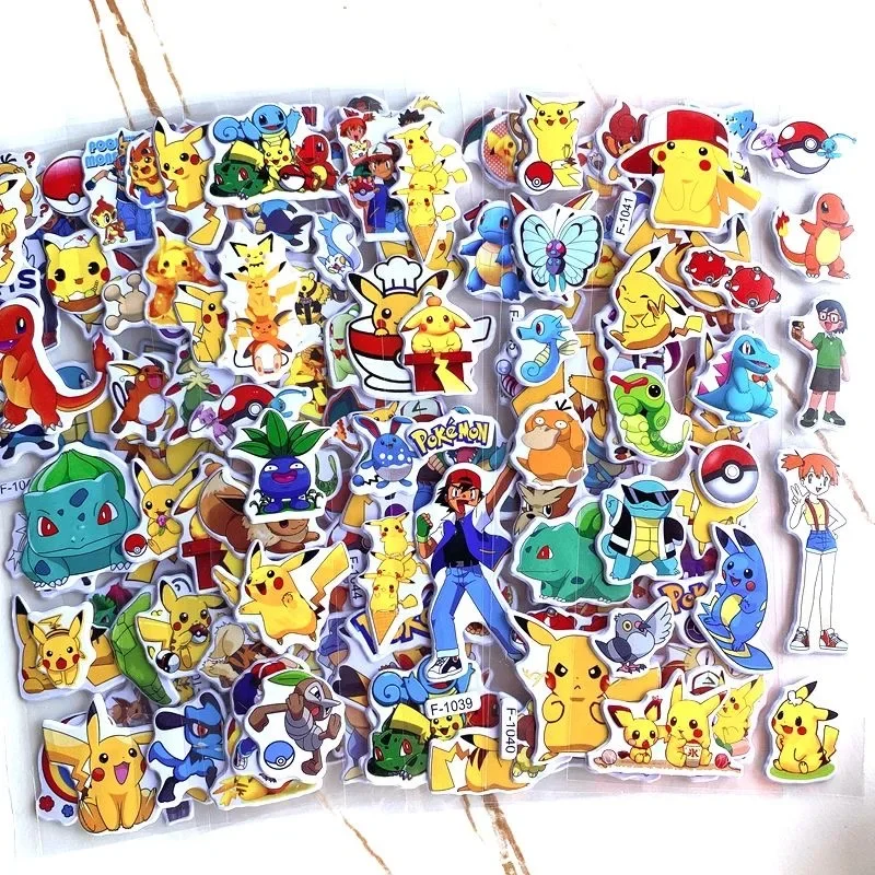 12Sheets Cute Anime Pokemon Stickers Kawaii 3D Pikachu Decals Kids Toys Cartoon Bubble Paste Thicken The Reward Sticker Gifts