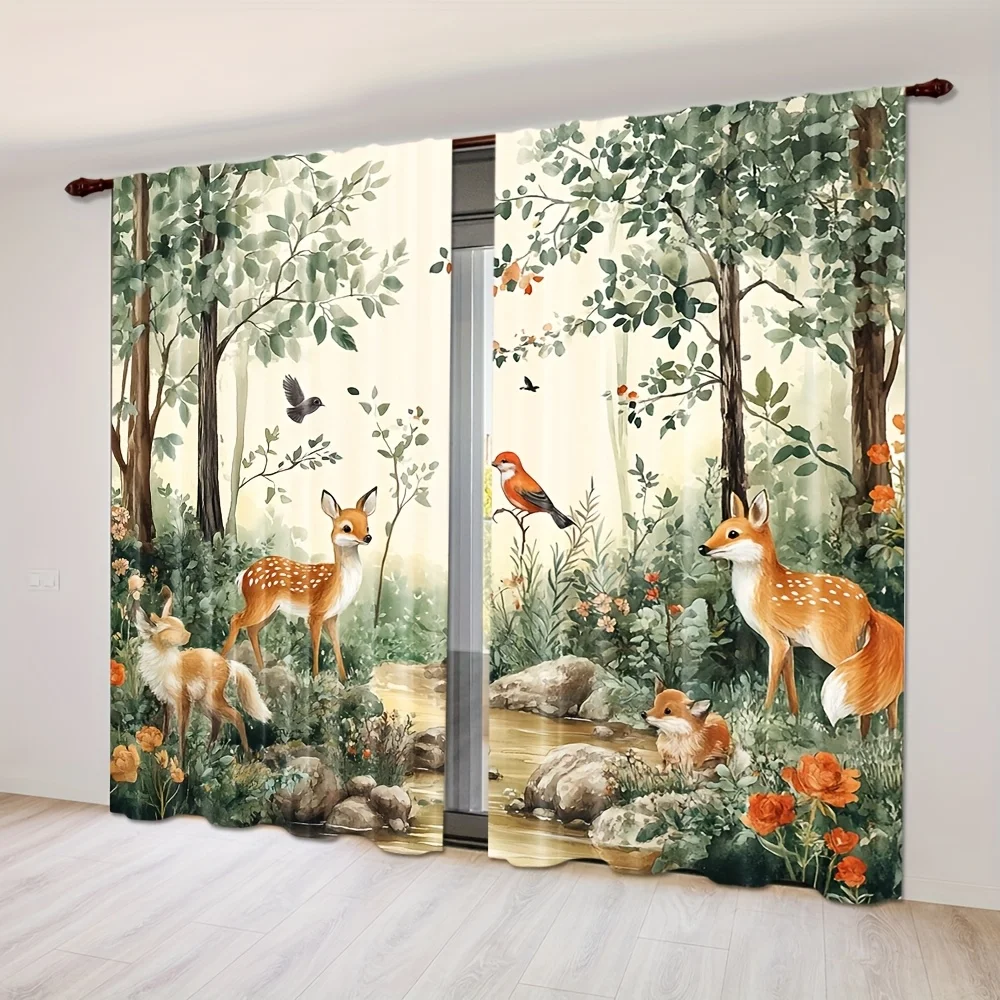 2 Stück Waldtiere Vorhänge mit Hirsch- und Fuchs-Motiv, Naturdruck Gardinen für Kinderzimmer, Schlafzimmer, Fensterdekoration, Niedliche Wildtier-Heimdekoration