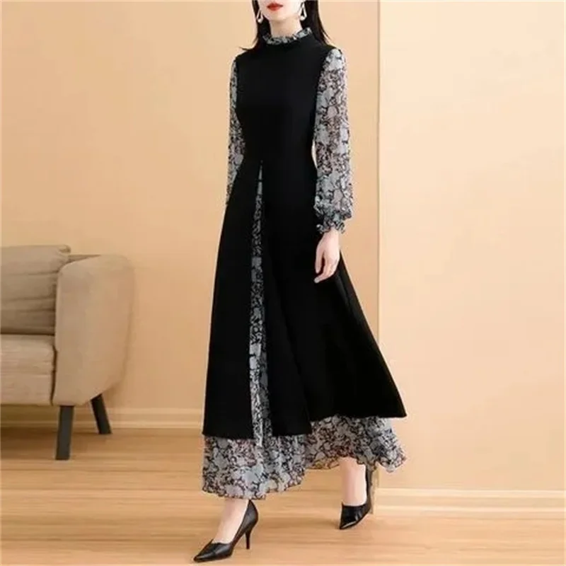 2023 Autumn Vacation Two-piece Dress Floral Spring and Autumn Fashion Temperament Waist Slimming A Word High-Grade Dress Noble