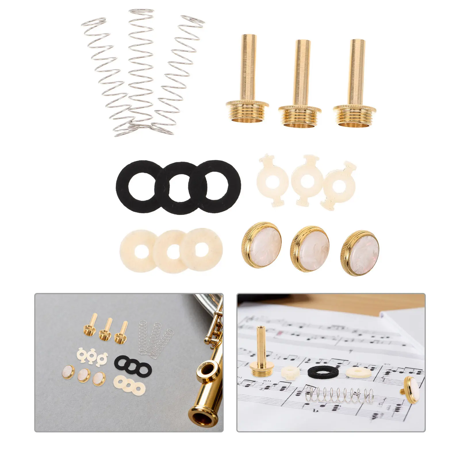 

1Set Trumpet Valve System Replacement Parts Gold Finger Button Cap Piston Guides Black White Felt Washers Trumpet Valve Repair
