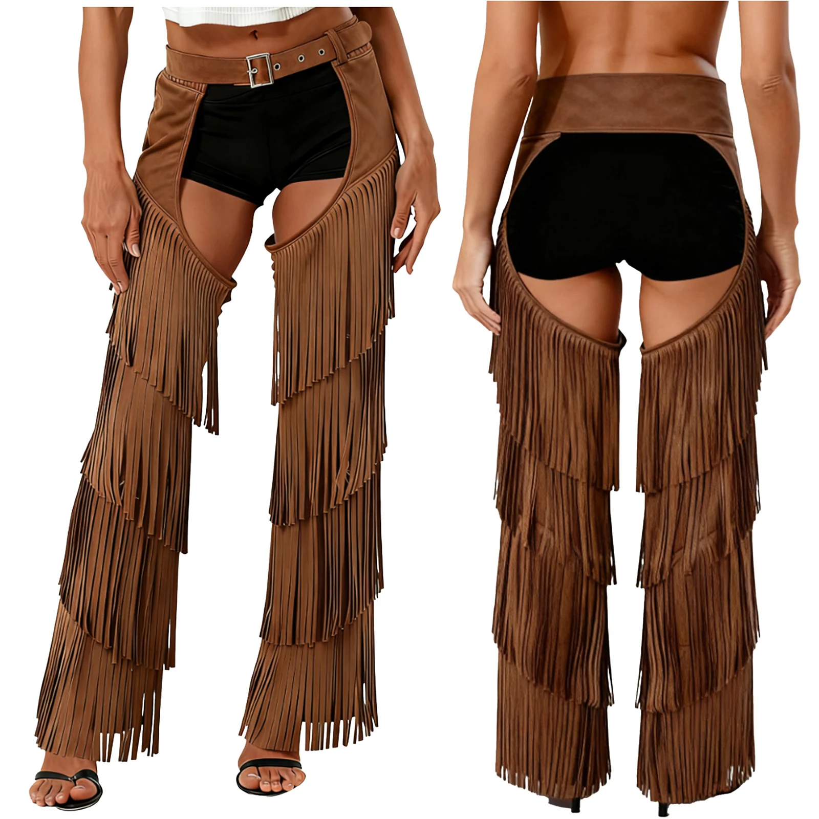 

Women Halloween Carnival Western Cowgirl Cosplay Chaps Pants Layered Fringe Style Western Motorcycle Hippies Dance Cosplay Pants