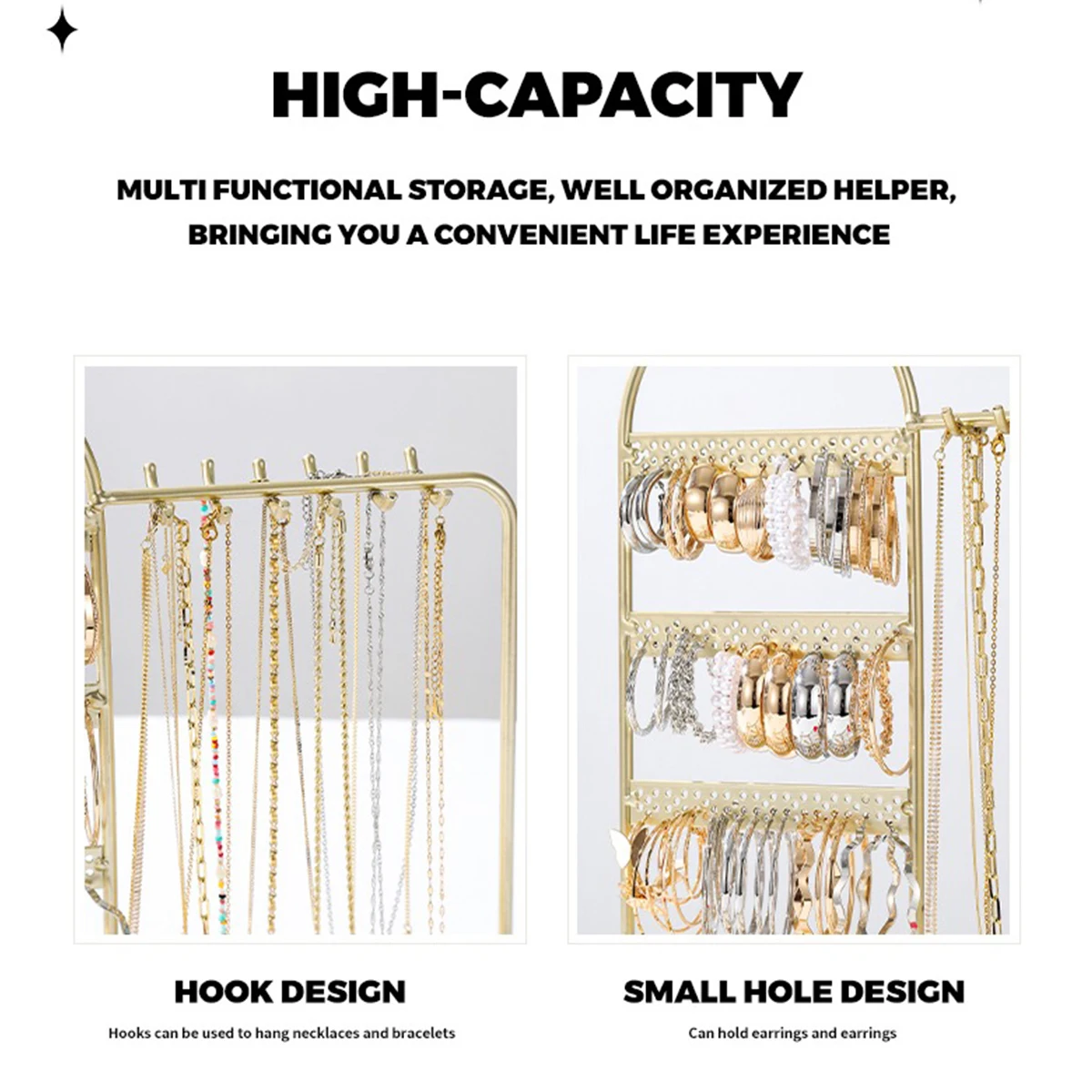 Gold-Plated Iron Double-Sided Jewelry Stand Large-Capacity Multi-Tier Shelves/Hooks, All-in-One,  Sturdy Anti-Tipping