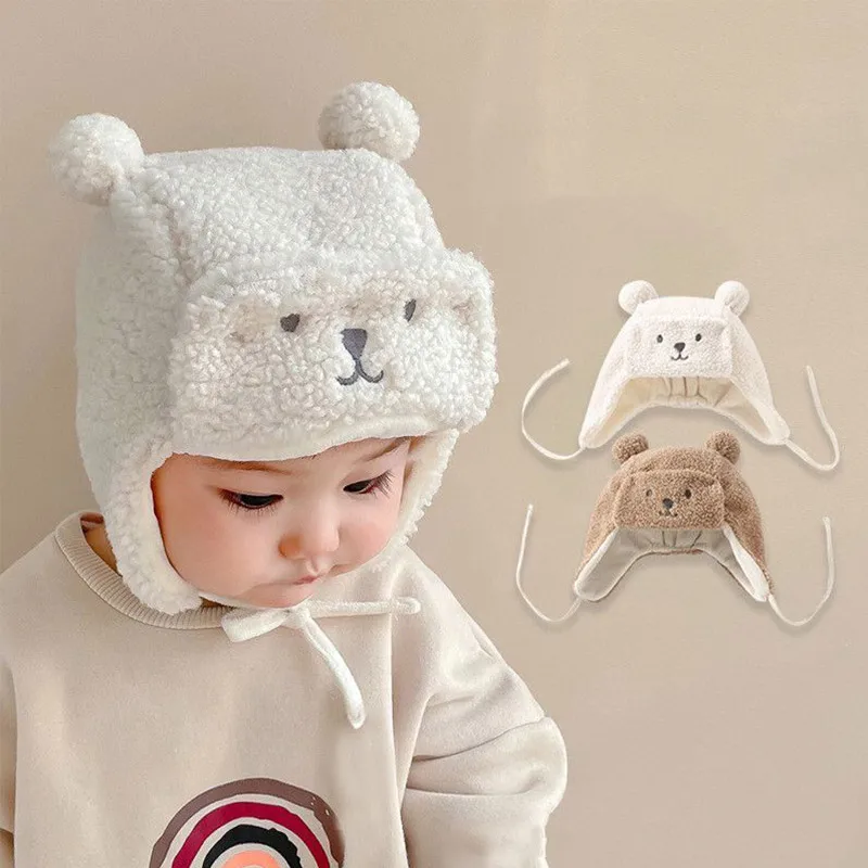 

P-Letter Lamb Fleece Children Ear Protection Hat Thick Cotton Lining Kids Winter Warm Headgear 0-2year Baby Plush Earmuffs Cap