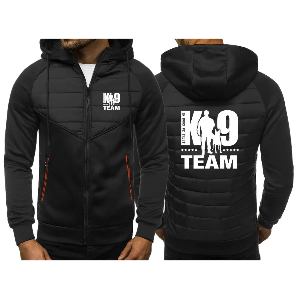 2024 New TRAINER K9 Team K9 Unit Malinois Spring and Autumn Tri-color Hooded Casual Men 100% Spliced Zipper Thin Jacket Tops