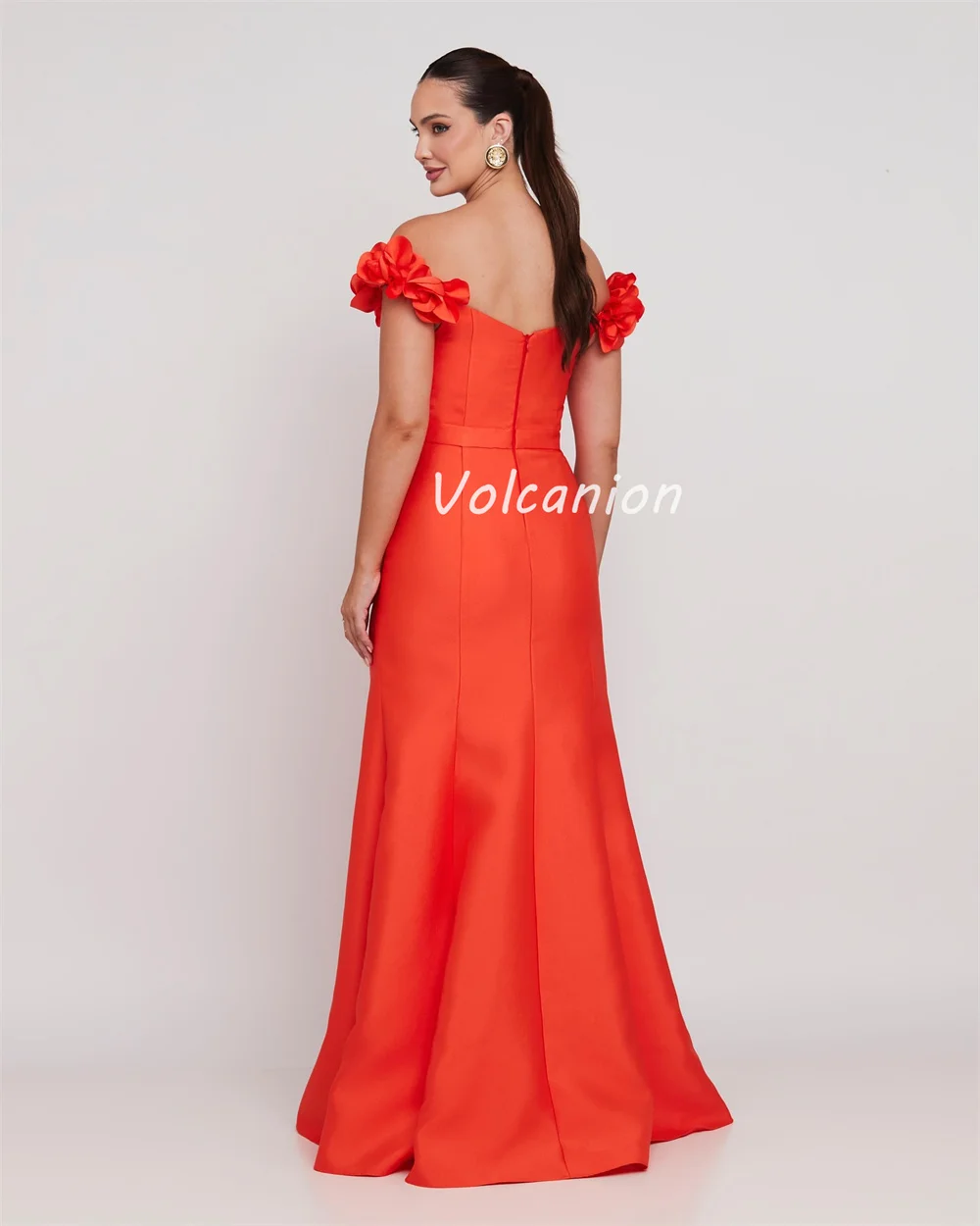 Customized Modern Style Elegant Charmeuse Handmade Flower Ruched Straight Off-the-shoulder Long Dresses Bespoke Occasion Dresses