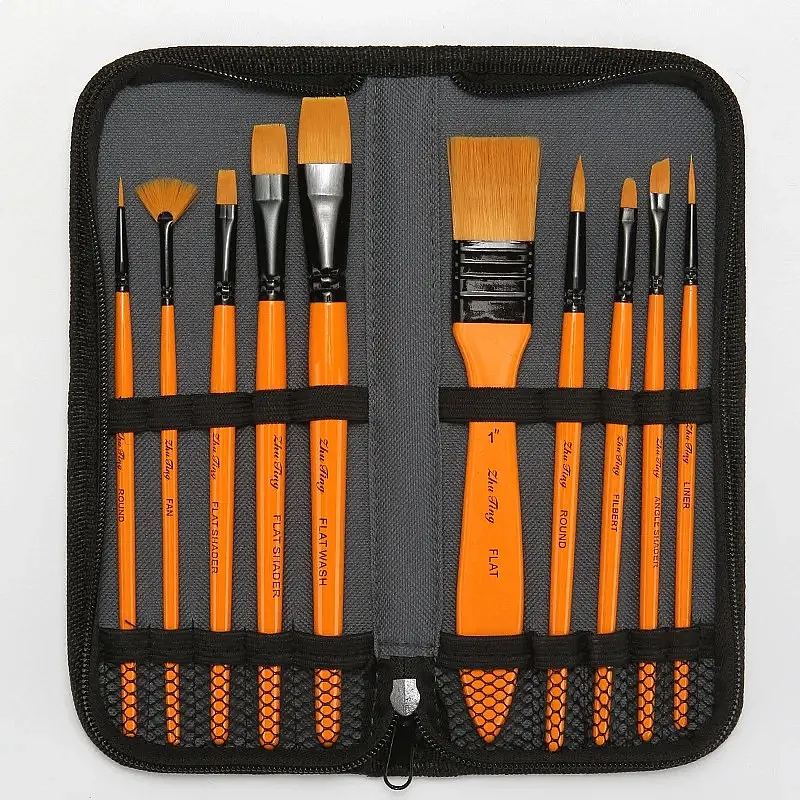 10Pcs Watercolor Paint Brush Set Wooden Handle Nylon Pointed Tip for Oil Acrylic Painting Art Supplies