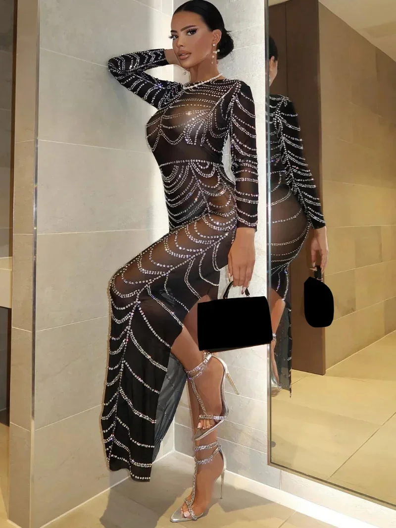 

KEXU Sparkly Rhinestone Bodycon Night Club Maxi Dress Women Wedding Evening Long Sleeve Mesh Sheer Split Party Birthday Dress