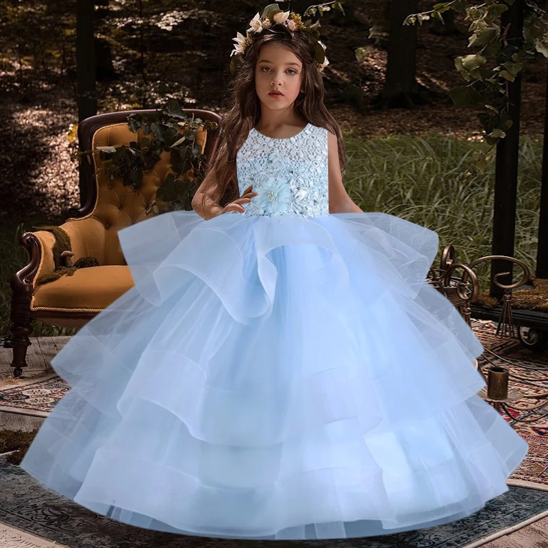 Girls\' embroidered princess dress 4-12 years old lace sleeveless mesh cake dress high-end performance dress for banquet hosts