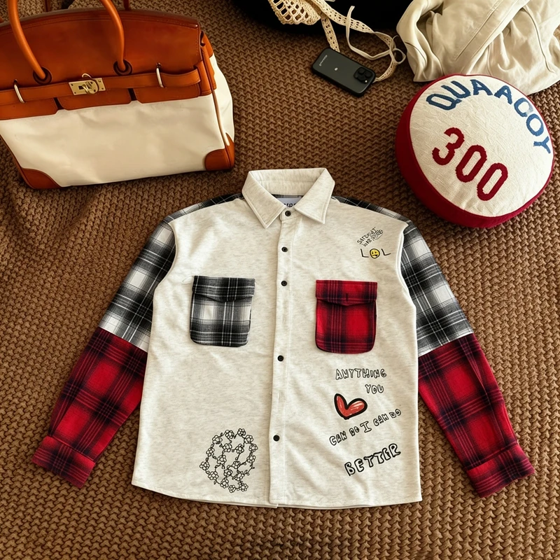 American Men's Patchwork Plaid Shirt Jacket Graphic Button Up Shacket Oversized Long Sleeve High Street Casual Coats Patchwork