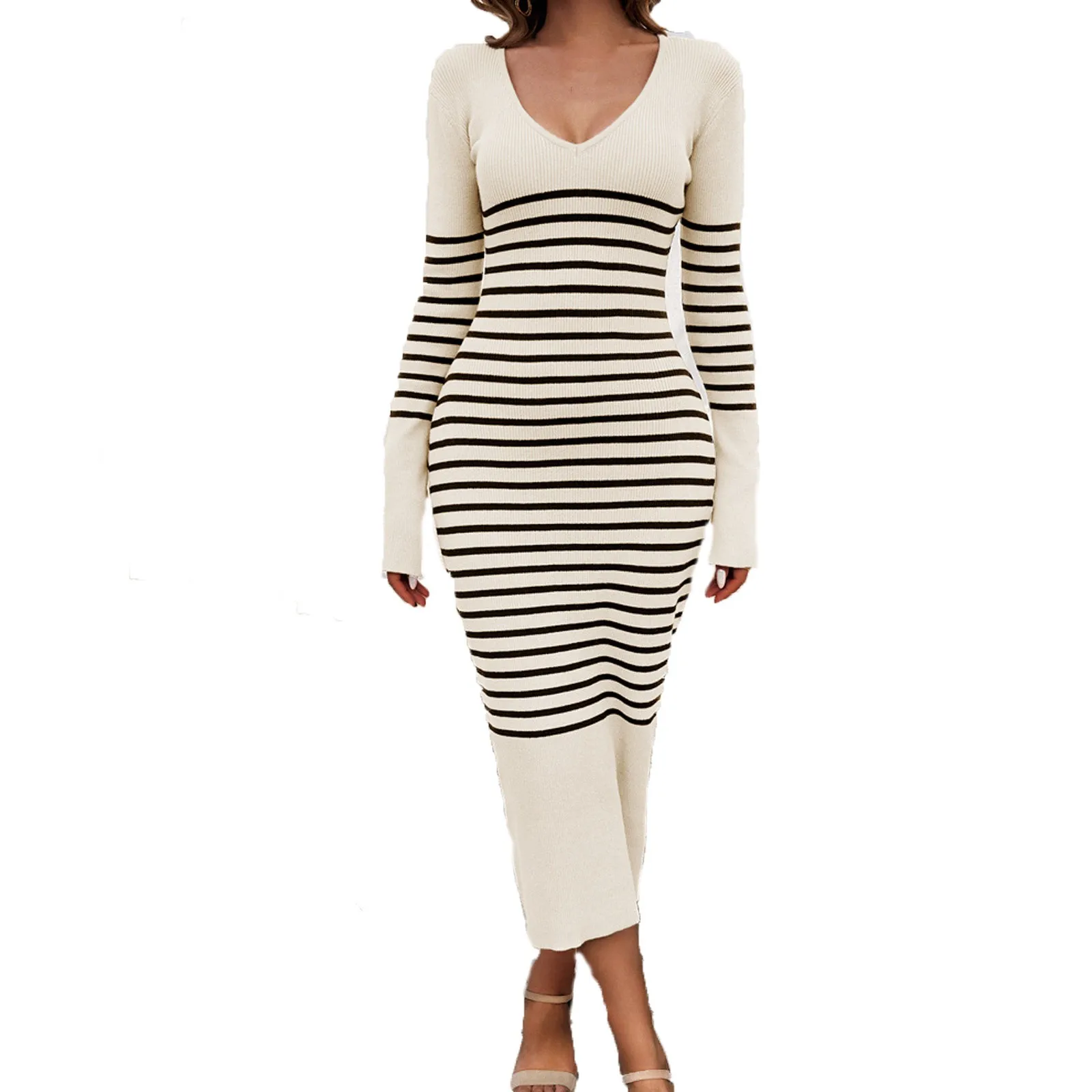 

Autumn Striped Beach Knitted Long Dress Classic V-Neck Long Sleeves Chic Hotsweet Slim Sundress Streetwear Bodycon Midi Dress