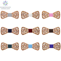SOMESOOR classico fiocco in legno floreale inciso farfalle vuote Bowknots in legno naturale accessori per abiti da sposa per regali da uomo