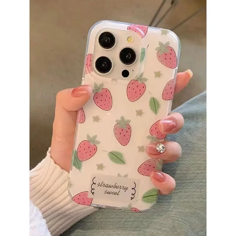 フルスクリーン可愛いイチゴ高級スマホケース iPhone 16 15 14 13 12 11 PRO MAX 14 15 16 PLUS Y2K 耐衝撃スマホケース