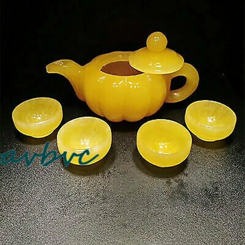 Natural Chinese Jade Handmade Carving Yellow Jade Kungfu Pots Teapot & Tea Cup