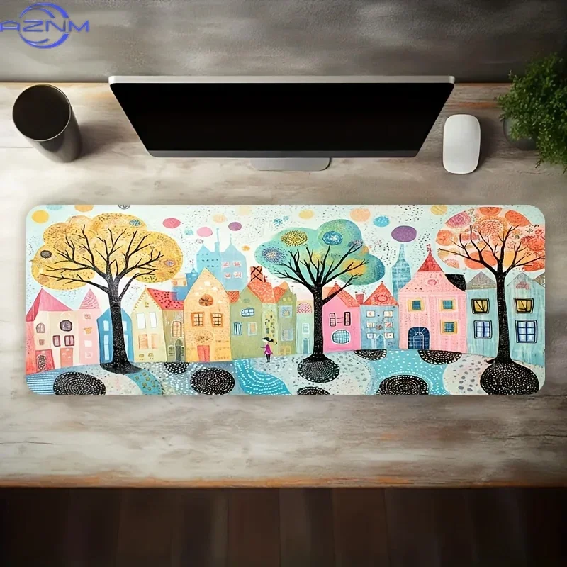 Colorful Artistic Town Mouse Pad Oversized Desk Mat Non-Slip Rubber Gaming Surface Large