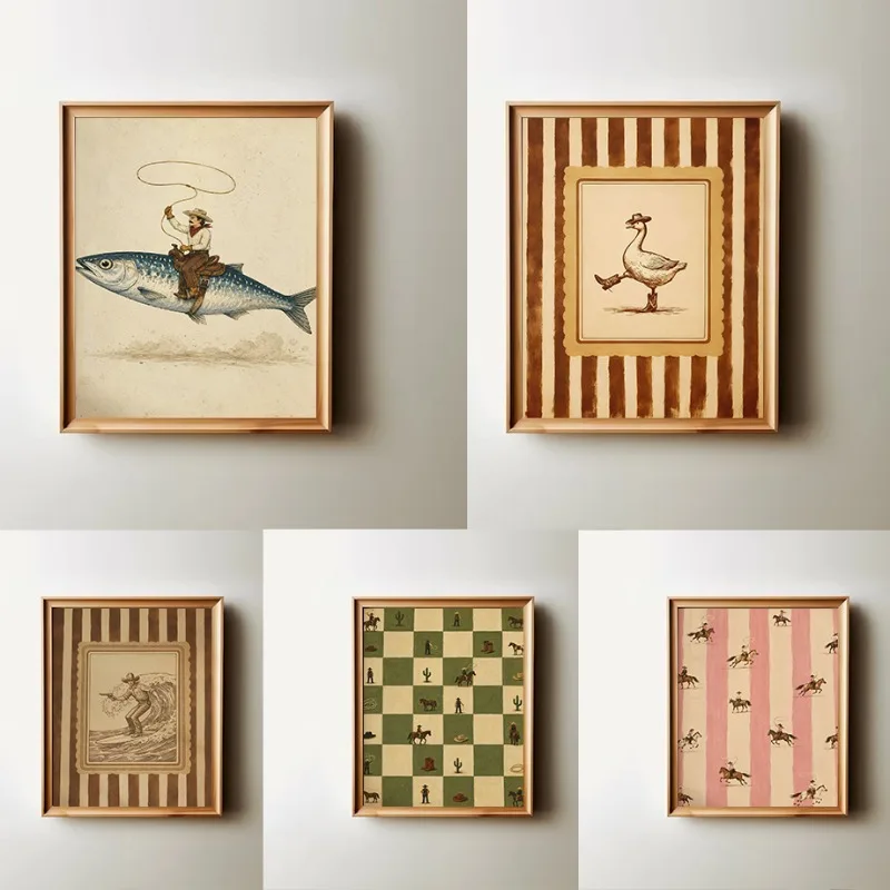 Vintage Western Cowboy Riding Fish Tiny Cowgirls Checkerboard Poster Canvas Painting Wall Art Pictures Home Farmhouse Decor