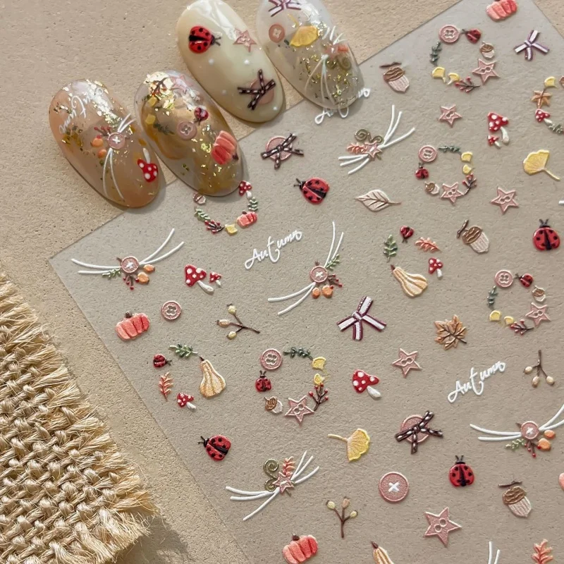 Autumn Nail Sticker Fallen Leaf Mushroom Ladybug Pumpkin Wreath Knot Nail Art Accessories Self Adhesive Nail Decoration Stickers