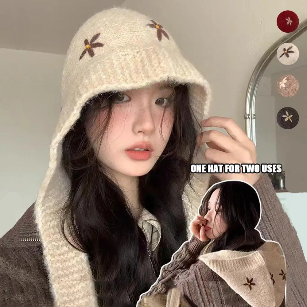 

1 X Winter Knitted Balaclava Women's Hat Outdoor Ear Protection Hat Scarf Embroidered Flowers Cap Multifunctional Windproof Hat