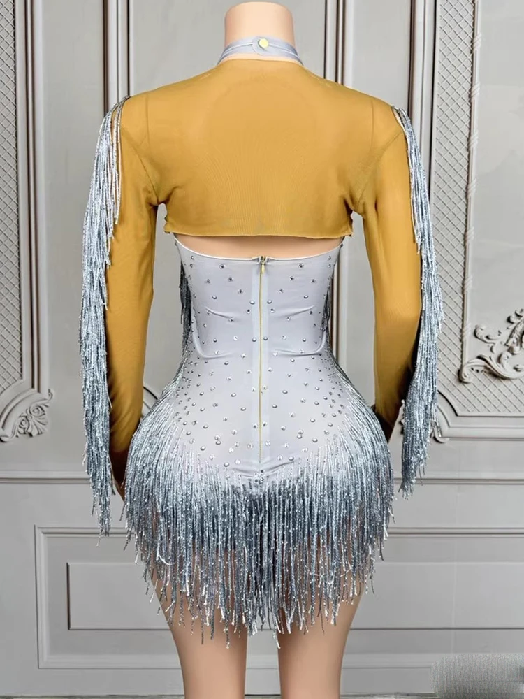 Hoge kwaliteit strass kwastje sjaal + sexy hangende nek elastische jumpsuit 2025, nieuwe modieuze aangepaste dameskleding