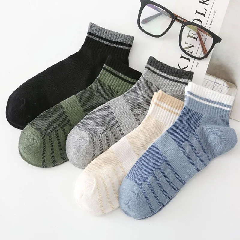 5 Pairs/Lot Men\'s Summer Thin Mesh Socks Fashionable Solid Color Breathable Comfortable And Skin Friendly Cotton Sports Socks