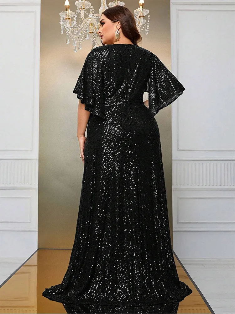 Robe à paillettes à manches courtes pour femme, robe longueur au sol, document personnalisé, multi-documents, Rh, banquet, robe de soirée, grande taille, 4XL, 5XL