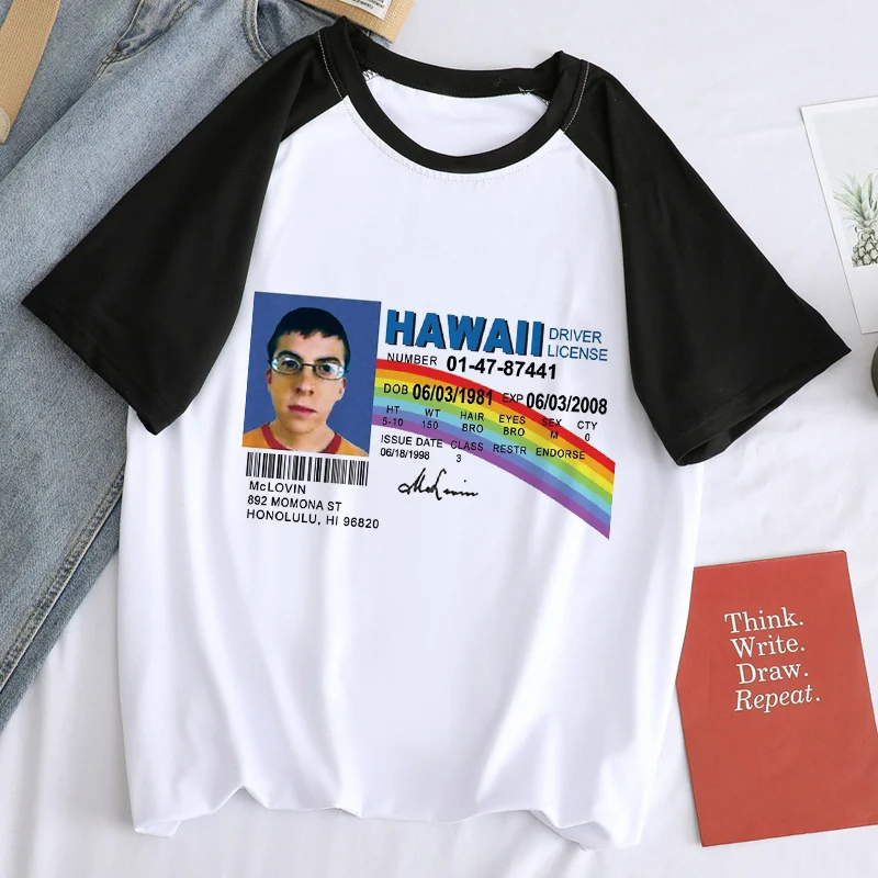 McLovin Hawaii Funny Driver Sarcastic Mens License ID Badge Dark Humour Mens Movie Dark Unisex Hip Hop Streetwear T-shirt