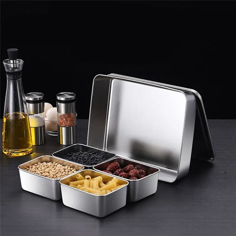 【ELEVATE LIFE】4 Grids Stainless Steel Seasoning Box with Lid Rectangle Hotel Household Spice Organizer Multifunction Kitchen Gad
