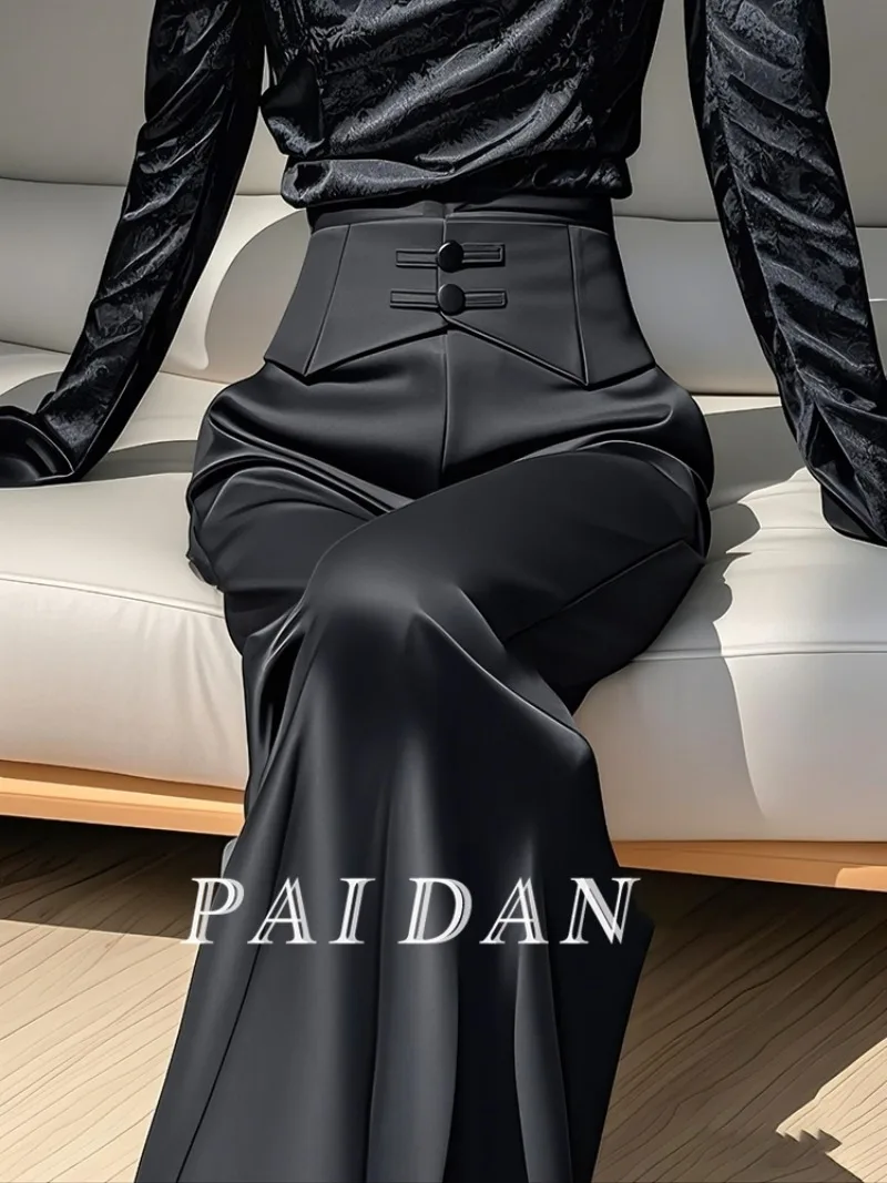 

Новые атласные широкие брюки в китайском стиле, женские элитные осенние повседневные свободные однотонные прямые брюки с высокой талией