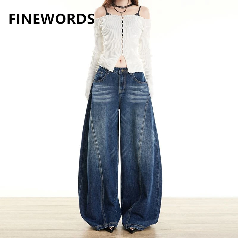

FINEWORDS High Waist Retro Washed Blue Jeans Women Korean Wide Leg Korean Jeans Streetwear Easymatch Harajuku Baggy Jeans