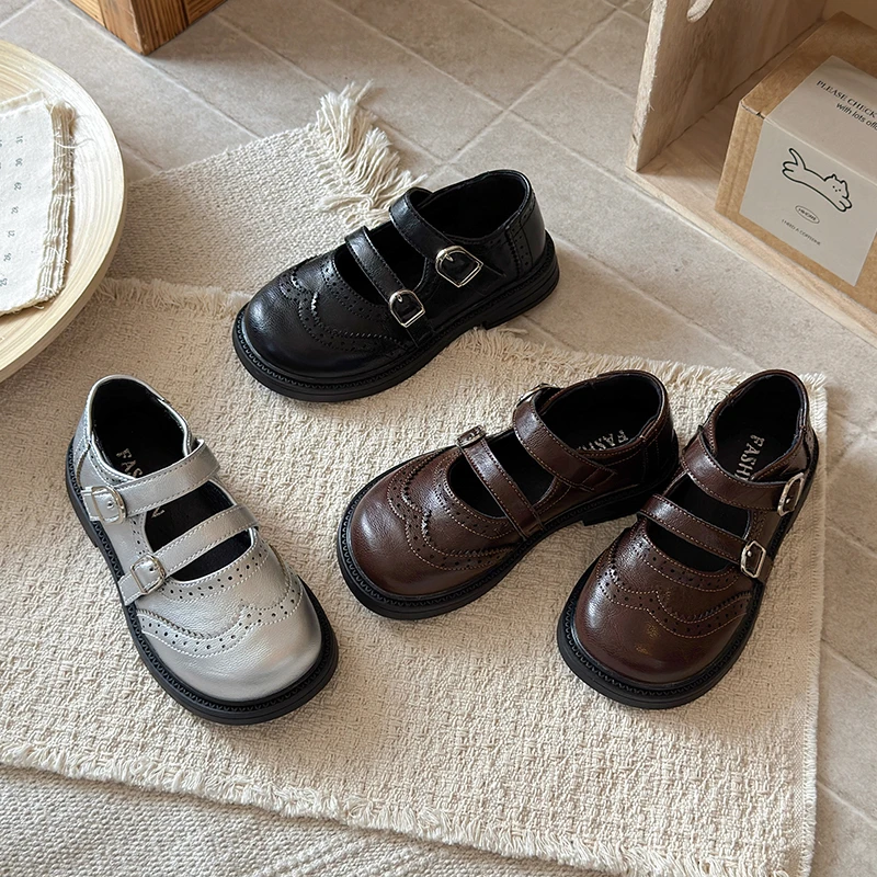 Britain Style Children's Leather Shoes for Girls 2026 New Retro School Shoes Soft Flat Sole Lightweight Dress Shoes for Children