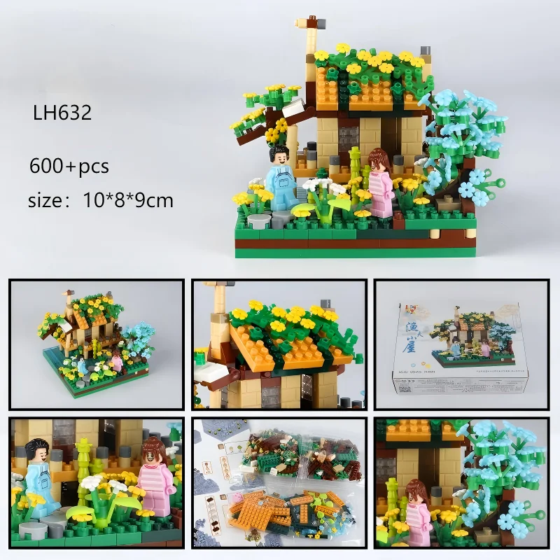 OUZEY 600 + peças MOC Mini blocos de construção: quatro estações Sakura e moinho de vento casa micro tijolos montar kit, presente criativo para crianças