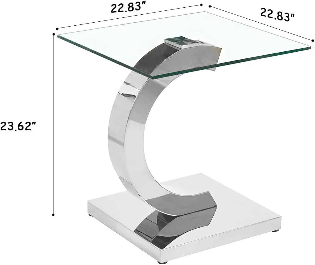 Glass End Table, 22.83"" Square Side Table With Tempered Glass Top And Silver Mirror Finish Stainl Steel C-Shaped Base, Modern
