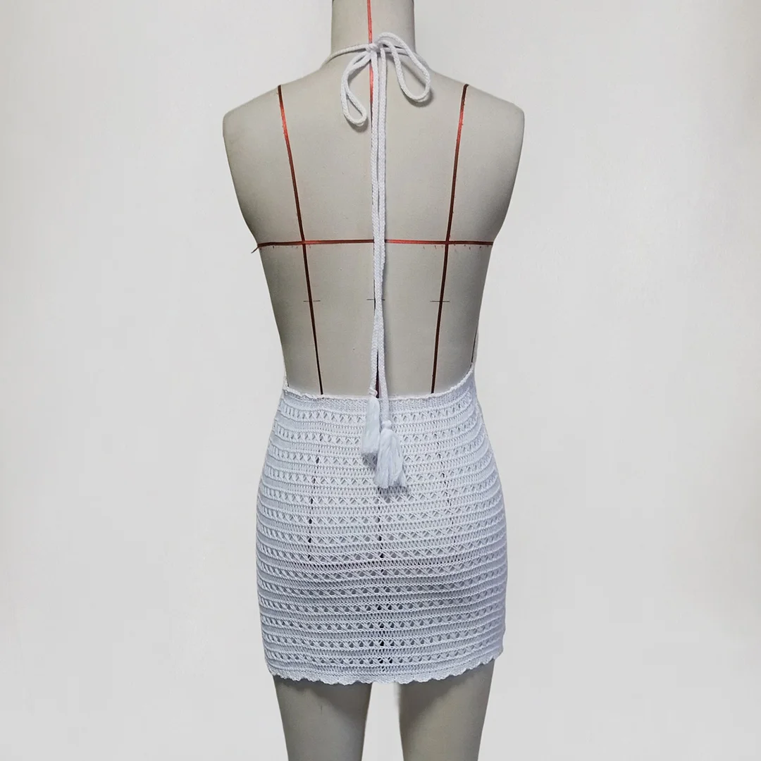 V-Ausschnitt, ausgeschnittenes Design, trägerloses, rückenfreies, gehäkeltes, gestricktes Tunika-Strandkleid, Strandmode, Damen-Strandkleid, Strandüberwurf, V7000 – Detail 9