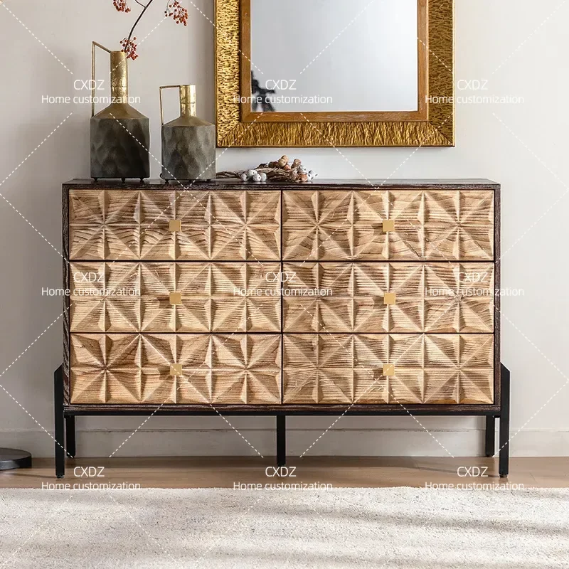 American Solid Wood Retro Porch Cabinet Small Apartment Household Storage Side Cabinet Living Room Carved Dining Sideboard