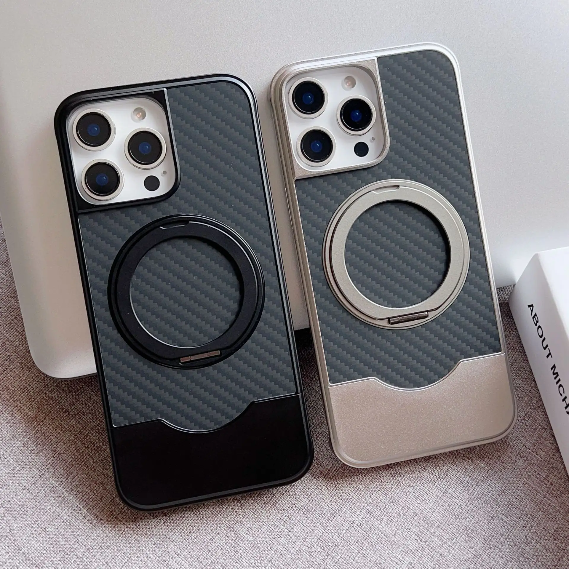 

Titanium metal rotate holder carbon fibre magnetic phone case For iPhone16 Pro 15 14 13 Pro Max Magsafe charging armor hard case