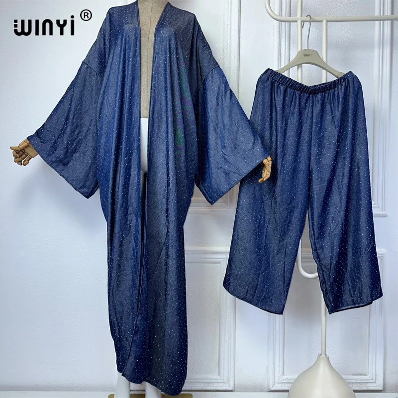 WINYI Africa fashion 2 piece sets women outfit kimonos Women maxi Cardigan pant sets Hot drilling denim suit