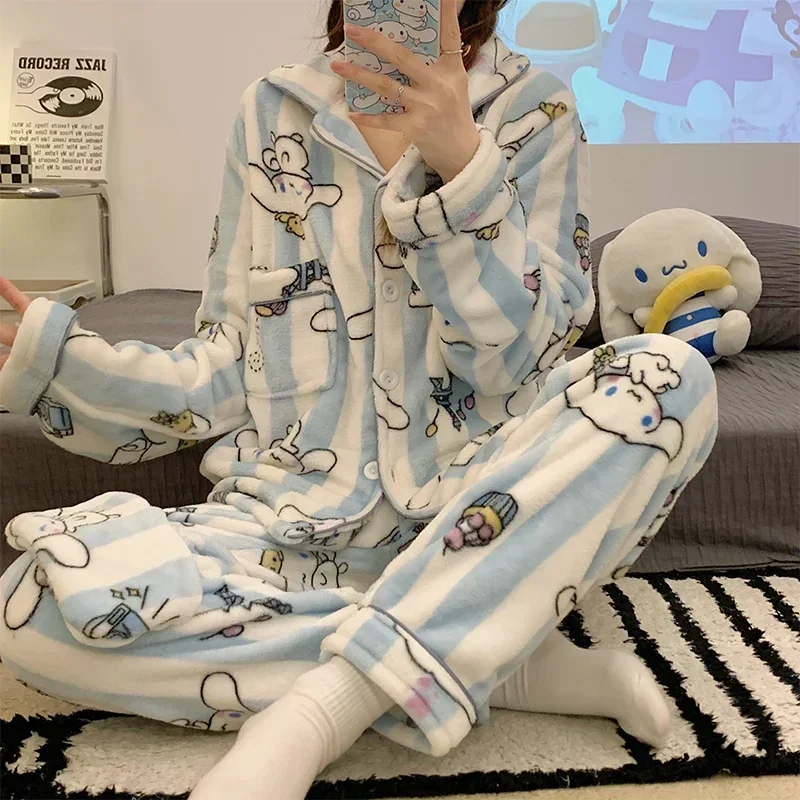 Sanrio Yugui dog pajamas winter coral fleece long-sleeved trousers warm two-piece set Sanrio loungewearYugui dog women's pajamas