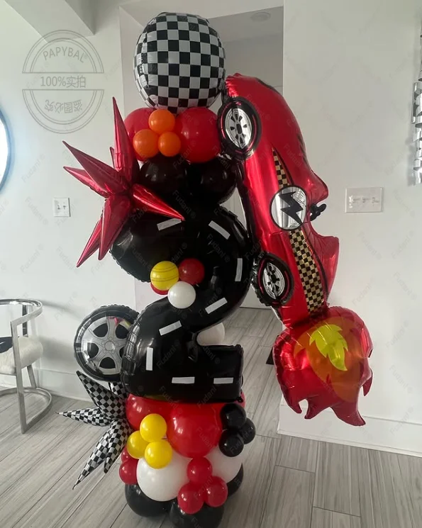 54 Stück Rennwagen-Party-Dekoration, karierte Flagge, Rad, Auto, Folienballons, Jungen, 1–9, Geburtstag, Partyzubehör, Auto-Mottoparty-Dekorationen