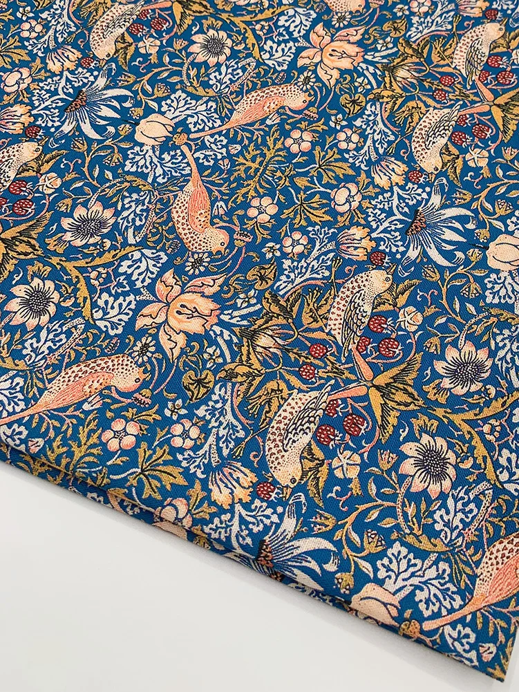 Thief Bird Printed William Morris Cotton Fabric Red Yellow Green Blue for Sewing DIY Handmade by Half Meter