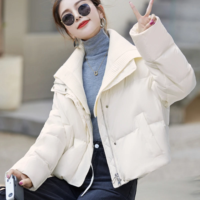 Women's Knitted Collar Splicing Down Jacket, Lapel Puffer Jacket, 90 White Duck Down, Warm Overcoat, Short Fashion, New, Winter