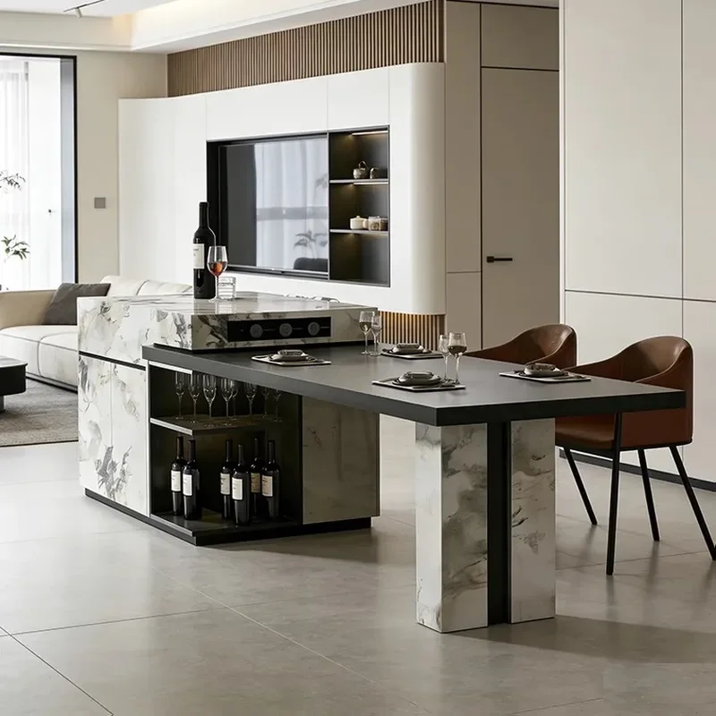 Retractable Kitchen Island Table with Sintered Stone Top Integrated Household Guide Table High End Light Luxury Middle Island