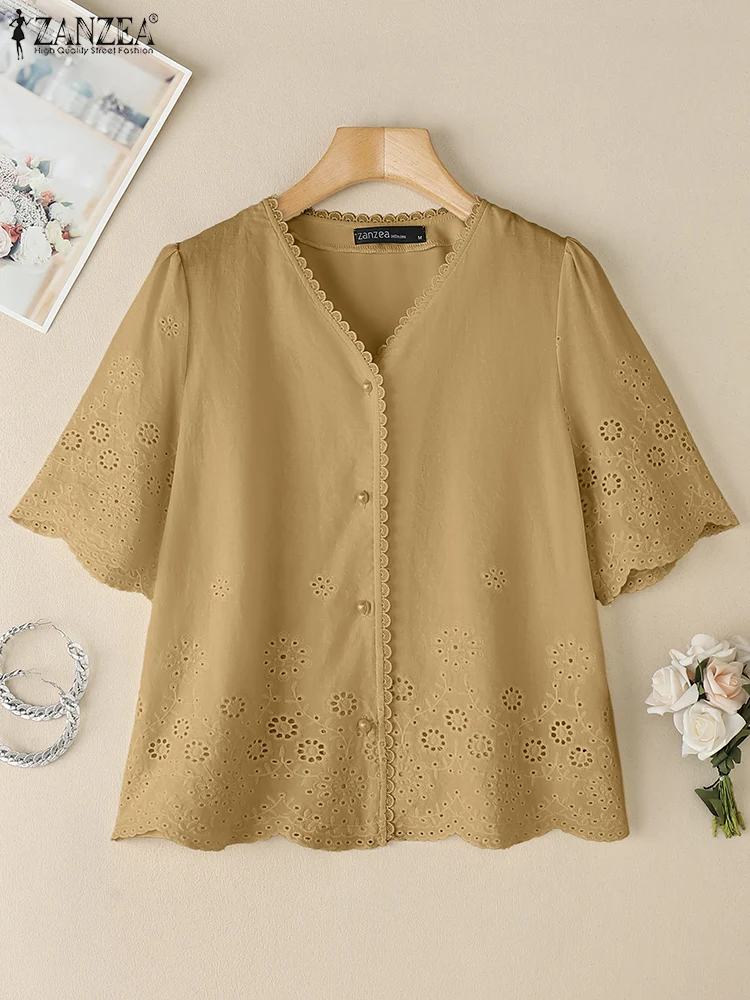 

Plus Size Blouses ZANZEA Women Cotton Embroidery Tops Shirts Summer V-Neck Short Sleeve Lace Blouse Buttons Casual Blusas 5XL