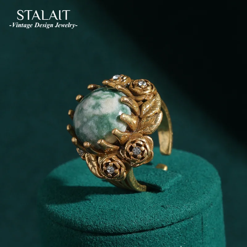 

Vintage Rings Natural Stone Green Gold Color Rose Camellia Flower Jewelry for Women Luxury Valentine's Day Gift Engagement New