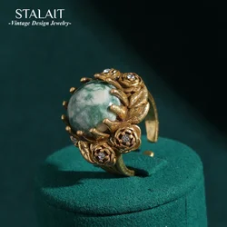 Vintage Rings Natural Stone Green Gold Color Rose Camellia Flower Jewelry for Women Luxury Valentine's Day Gift Engagement New