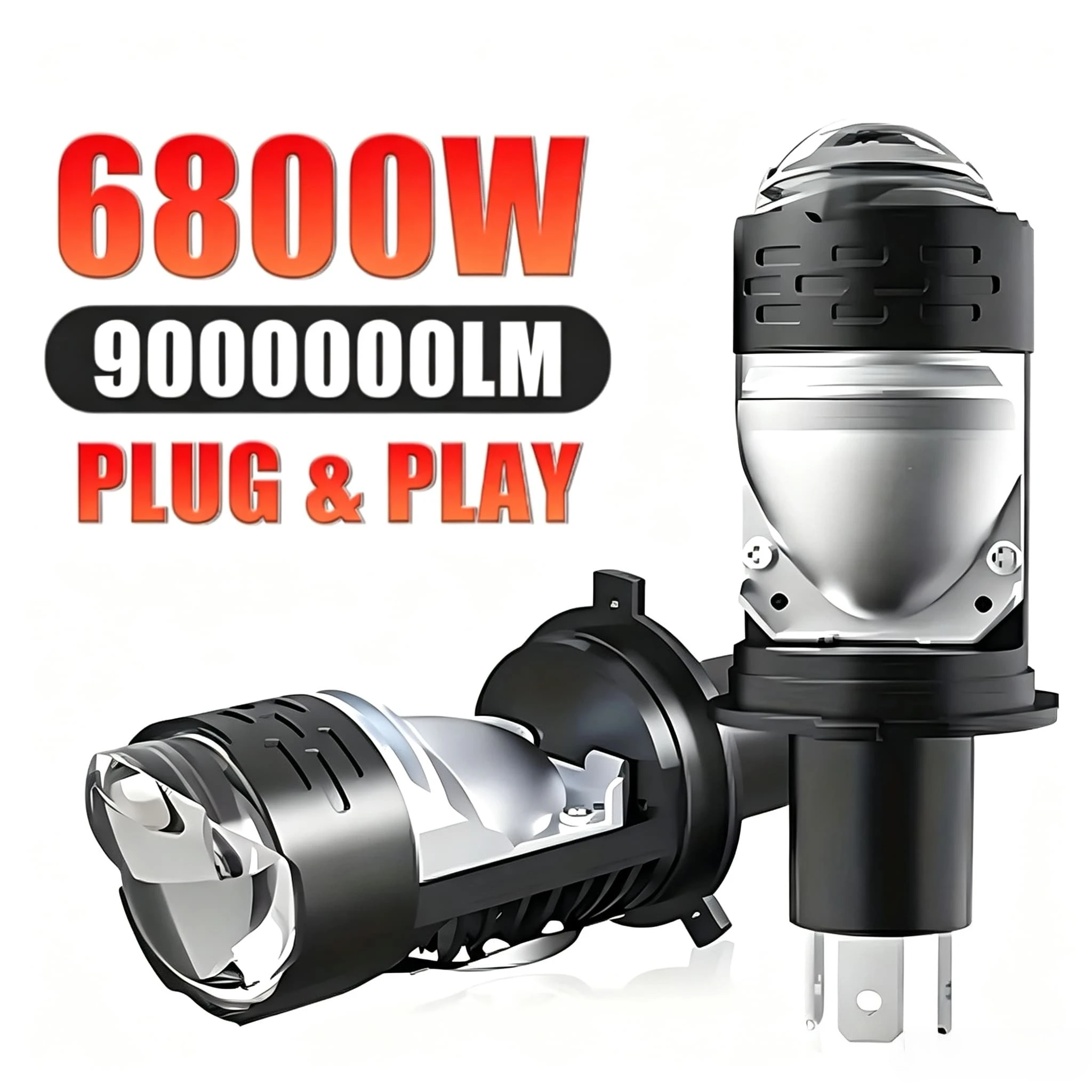 6800W 9000000LM H4 9003 HB2 LED Headlight Canbus with Projector Lens 1:1 Super Bright Hi/lo Beam Turbo Bulb for Cars/Motor 12V