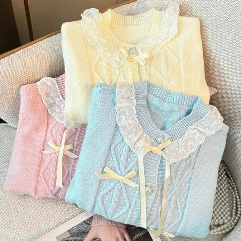 

Autumn Winter Sweet Lolita Knited Sweater Japanese Women Kawaii Long Sleeve Lace Ruffle Patchwork Bow Cardigan Korean Loose Tops